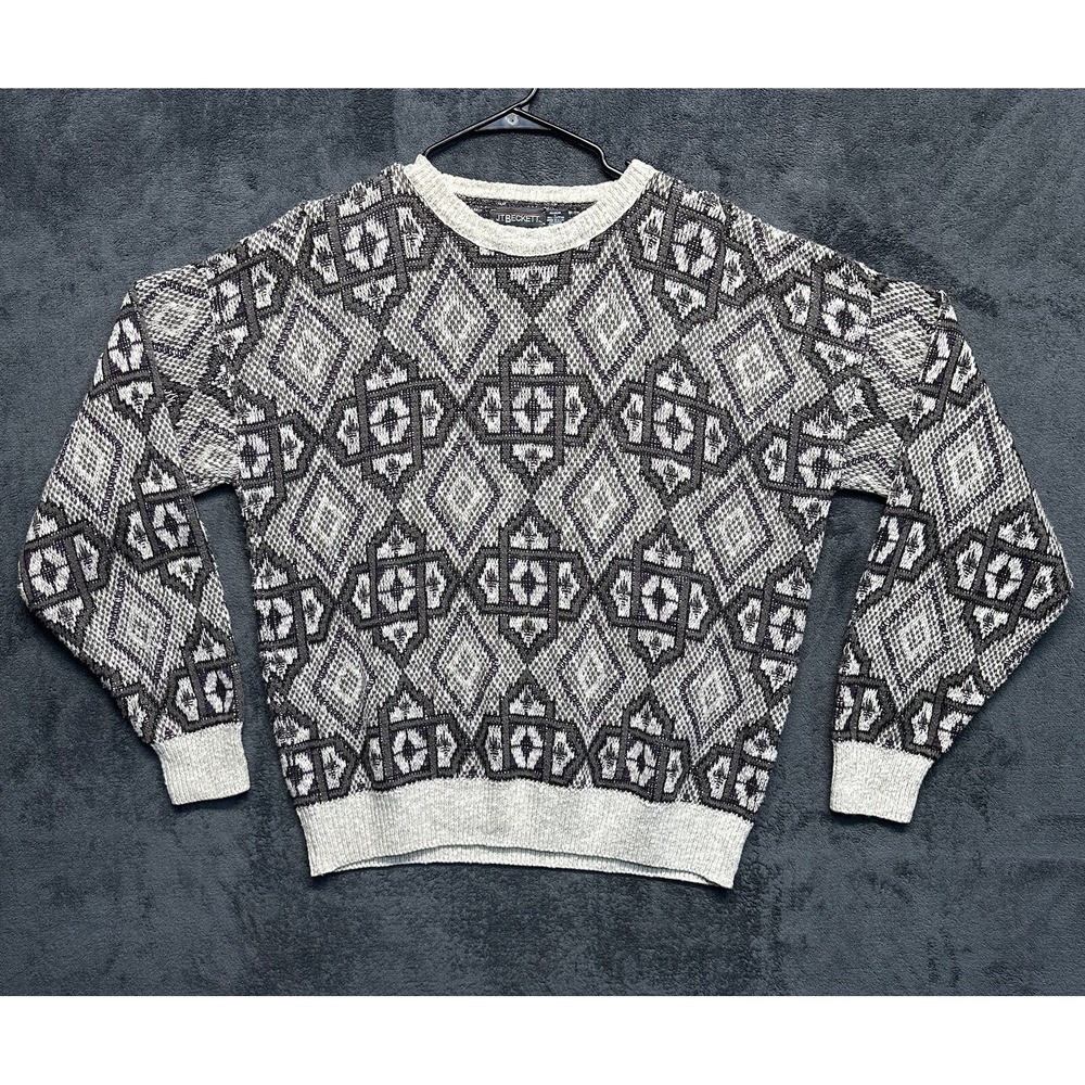 Vintage Sweater Men's XL White 3D Woven Geometric Cosby Chunky Knit JT Beckett